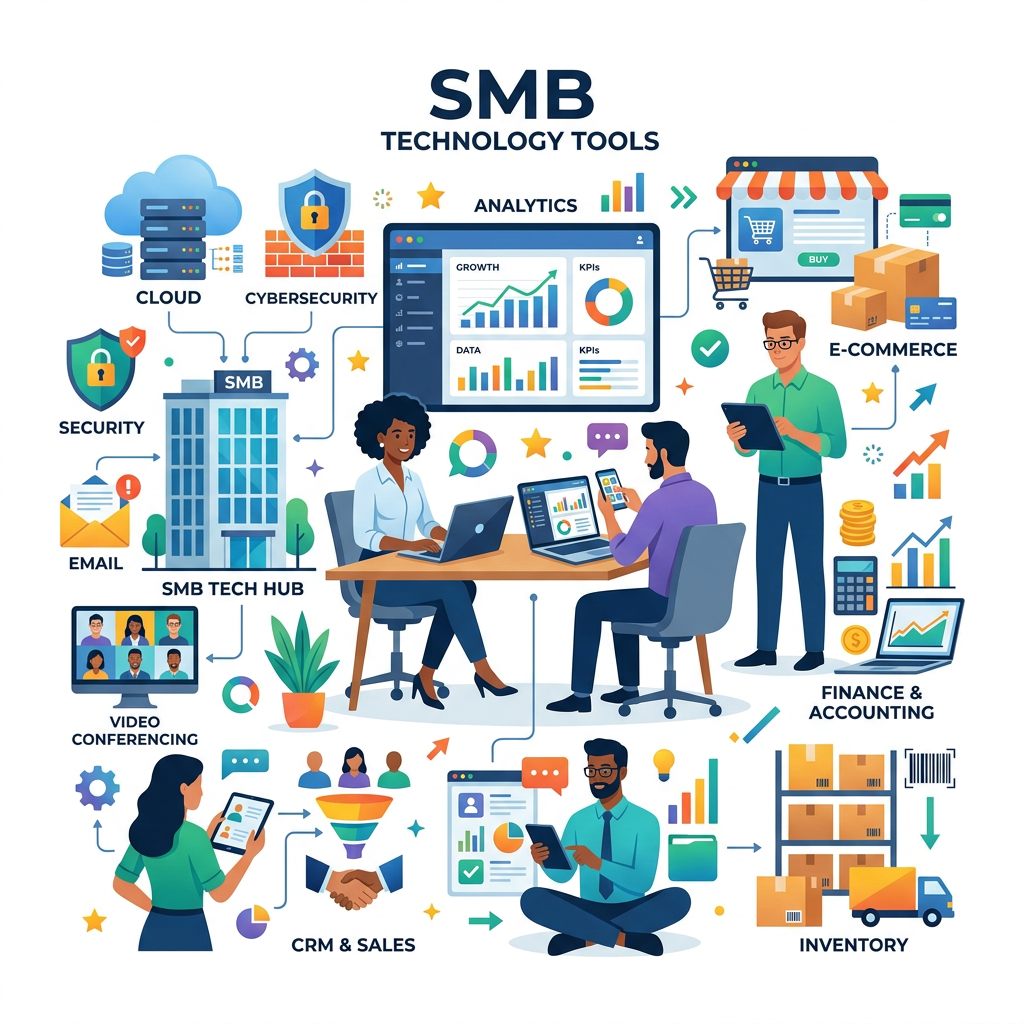 create a premium flat vector illustration representing of a small & medium businesses tech with white backgroung