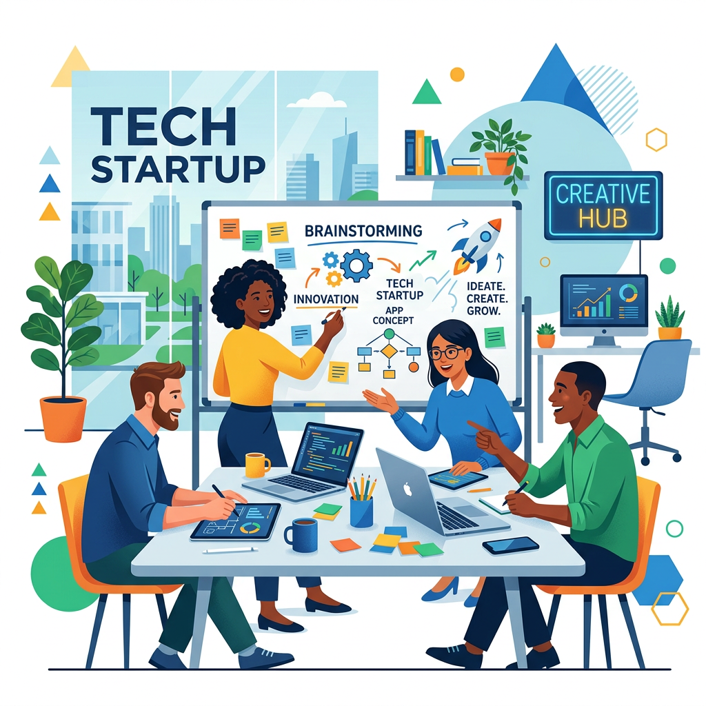create a premium flat vector illustration representing of a startup with white backgroung